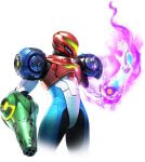  1girl arm_cannon armor blue_armor commentary cowboy_shot english_commentary glowing_arm green_assault_visor helmet metroid metroid_ravenous multicolored_armor normal_suit_(metroid) official_alternate_costume official_art power_armor power_suit_(metroid) ravenous_suit red_armor red_helmet samus_aran science_fiction solo third-party_source weapon white_armor white_background 