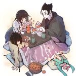 1boy 3girls absurdres aqua_hair black_eyes black_hair blanket blunt_bangs blunt_ends blush bob_cut bowl brown_eyes brown_hair brown_streaks closed_mouth commentary cup cushion food fruit googly_eyes green_eyes hanten_(clothes) hat highres holding indoors inverted_bob kagenui_yozuru kaiki_deishuu kotatsu light_blush long_hair long_sleeves looking_at_another looking_at_object lying mandarin_orange megateru monogatari_(series) multicolored_hair multiple_girls ononoki_yotsugi open_mouth orange_(fruit) orange_peel peeling pink_hat red_eyes sengoku_nadeko short_eyebrows short_hair simple_background sitting smile stack stacking steam steaming_cup streaked_hair table tea thick_eyebrows throwing throwing_food under_kotatsu under_table white_background yunomi 