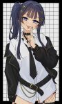  1girl 82k_mugi :p belt belt_collar black_belt black_border black_collar black_jacket black_nails black_necktie blue_eyes border braid braided_base collar collared_shirt commentary_request cowboy_shot dress_shirt earrings fingernails grid_background hair_ornament hairclip hand_up highres idolmaster idolmaster_million_live! jacket jewelry long_fingernails looking_at_viewer mogami_shizuka nail_polish necktie open_clothes open_jacket outside_border piercing shirt side_ponytail side_ponytail_with_braided_base single_fishnet_legwear solo standing tongue tongue_out tongue_piercing white_shirt x_hair_ornament 
