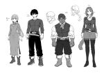  2boys 2girls ankle_boots arms_at_sides belt belt_buckle boots breasts bright_pupils buckle buttons character_name character_request claire_(harten) cleavage cleavage_cutout closed_mouth clothing_cutout collared_shirt commentary_request covered_abs cropped_head doodle_inset dot_pupils dress elf fantasy from_side full_body greyscale hair_over_shoulder hair_ribbon harten harten_(character) highres jacket jewelry jun_(navigavi) knee_boots large_breasts light_smile long_hair long_sleeves looking_at_viewer medium_hair monochrome multiple_boys multiple_girls muscular muscular_male necklace necktie no_pupils nose orc pants pantyhose partially_translated pencil_skirt pointy_ears reference_sheet ribbon shirt shirt_tucked_in short_hair sidelocks simple_background sketch skirt sleeves_rolled_up small_breasts standing tail thigh_boots tight_clothes tight_shirt toned toned_male translation_request turtleneck turtleneck_dress tusks twintails vest white_background 