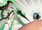  2boys absurdres all-black_the_necrosword artist_logo artist_name aura bubble closed_mouth commentary cyrosaur english_commentary fins fish_tail gorr_the_god_butcher hands_in_pockets highres holding holding_sword holding_weapon jeff_the_land_shark jojo_no_kimyou_na_bouken logo marvel marvel_rivals meme multiple_boys oh?_you're_approaching_me?_(meme) shark shark_fin shark_tail stardust_crusaders sword tail thor_(marvel)_(series) weapon 