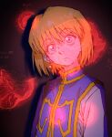  1boy absurdres anatomy blonde_hair blue_eyes closed_mouth constricted_pupils dark_background diagram earrings eyeball glowing hair_between_eyes head_tilt high_collar highres hunter_x_hunter jewelry kurapika kyyubea long_sleeves looking_at_viewer male_focus projector red_eyes red_theme shadow short_hair single_earring solo tabard text_background upper_body white_sleeves wide-eyed 