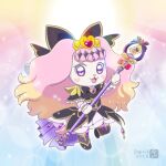  :3 :d artist_name asukamama89 black_bow black_bowtie black_capelet black_dress black_shoes black_thighhighs blonde_hair blush_stickers bow bowtie brooch capelet chibikemo colorful_background commentary cosplay creature cure_arcana_shadow cure_arcana_shadow_(cosplay) dog dress fairy_(precure) forehead_jewel full_body gem go!_princess_precure gold_tiara gold_trim gradient_hair hair_bow heart heart-shaped_blush_stickers heart_brooch heart_in_eye high_heels highres holding holding_staff jewelry leg_up light_particles light_rays long_hair looking_at_viewer magical_girl medium_dress meitantei_precure! multicolored_hair no_humans open_mouth pink_hair precure puff_(precure) purple_eyes purple_gem purple_veil shoes sleeveless sleeveless_dress smile solo sparkle staff standing standing_on_one_leg symbol_in_eye tear_arcana_rod thighhighs tiara touyama_nao two-tone_hair veil very_long_hair voice_actor_connection white_fur white_wrist_cuffs wrist_cuffs zettai_ryouiki 