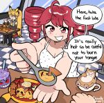  1other 2girls ahoge akita_neru animal_ear_hairband animal_ears artist_name bare_shoulders black_boots black_sleeves blonde_hair boots bowl breasts burger character-themed_food checkered_floor cherry_tomato cleavage closed_mouth collarbone collared_shirt commentary cup detached_sleeves doodly_sheery dot_nose dress drill_hair english_commentary english_text fake_animal_ears feeding_viewer food gengar grey_shirt hairband highres holding holding_food holding_spoon indoors kasane_teto large_breasts looking_at_another looking_at_viewer milkshake mug multiple_girls pikachu pikachu_ears pink_nails plump poke_ball pokemon polka_dot polka_dot_dress ponytail pov pov_hands red_eyes red_hair shirt signature sitting smile snorlax speech_bubble spoon star_(symbol) table teeth thigh_boots tomato twin_drills utau vocaloid white_dress yellow_eyes 