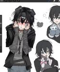 1boy animal animal_ears art_program_in_frame belt_collar black_jacket black_nails blush bone_hair_ornament cat collar degrees_of_lewdity dog_boy dog_ears dog_tail dot_nose double-parted_bangs flying_sweatdrops freesia_quan green_eyes grey_shirt hair_between_eyes hair_ornament hands_on_own_face hands_up highres holding holding_animal holding_cat hood hooded_jacket jacket jewelry kylar_(degrees_of_lewdity) kylar_(male)_(degrees_of_lewdity) layered_sleeves long_sleeves looking_at_animal looking_at_viewer male_focus multiple_views necklace nose_blush open_clothes open_jacket raised_inner_eyebrows shirt short_hair short_over_long_sleeves short_sleeves simple_background sketch sleeves_past_wrists striped_sleeves tail white_background 