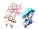 atelier_(series) atelier_meruru bare_legs blue_eyes blue_footwear blue_legwear blue_sleeves blush boots bow brown_eyes brown_hair cape detached_sleeves dress flat_chest flower hair_ornament kishida_mel kneeling long_hair long_sleeves looking_at_viewer merurulince_rede_arls non-web_source open_mouth pink_hair pleated_skirt puffy_sleeves short_dress simple_background skirt swing thigh_boots thighhighs totooria_helmold umbrella white_background yellow_skirt 