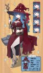  1girl annoyed bangle belt belt_buckle black_border blue_background blue_hair book border bow bracelet breasts brown_belt buckle character_profile chibi chibi_inset choker cleavage cloak closed_eyes closed_mouth commentary_request constricted_pupils crescent crescent_hat_ornament diamond_(shape) dress english_text eyelashes fantasy front_slit frown full_body furrowed_brow gold_choker gold_trim grey_shoes hat hat_bow hat_ornament hat_ribbon high_heels highres holding holding_book holding_wand inset_border jewelry jun_(navigavi) large_breasts light_frown long_dress long_hair long_sleeves looking_at_viewer multiple_expressions no_pupils nose_shade on_floor open_mouth original pantyhose partial_commentary pumps purple_eyes red_bow red_cloak red_dress red_hat red_ribbon ribbon sad shadow shoes sitting smile speech_bubble staff standing star_ornament stats stone_floor straight-on surprised sweatdrop tearing_up tears teeth text_background tight_clothes tight_dress translation_request variant_set wand white_pantyhose wide-eyed witch witch_hat yellow_background 