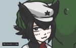  1boy 1girl alunya anarcho-communism animal_ears archived_source artist_request bandana black_bandana black_hair blacked_(phrase) blush brand_name_imitation cat_ears cat_girl clothed_female_nude_male commentary drawfag fang flag_bandana flat_cap groin hand_on_another's_head hat jacket leftypol looking_at_viewer medium_hair navel nude pepe_the_frog race_fetishism race_fetishism_parody red_bandana red_eyes second-party_source skin_fang white_hat white_jacket 