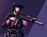  1girl ar-15 artist_name assault_rifle belt black_hair blue_background blue_eyes closed_mouth commentary dated edward_y_brad geissele_urg-i gloves gun hair_ornament highres holding holding_gun holding_weapon long_sleeves looking_at_viewer m4_carbine military military_combat_uniform military_uniform original purple_hair rifle scope short_hair solo tactical_clothes trigger_discipline upper_body weapon 