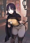  1girl bare_arms barrel belt belt_buckle black_belt black_choker blurry blurry_background boot_straps boots bottle breasts brown_boots brown_gloves brown_shirt buckle chain chest_strap choker cloak commentary_request crate cropped_shirt eyelashes fantasy feet_out_of_frame fingerless_gloves fingernails floor gloves grey_eyes grey_pants hand_on_own_chest head_tilt highres hood hood_down hooded_cloak jun_(navigavi) large_breasts leaning leaning_forward leather leather_boots leather_choker leather_strap looking_at_viewer open_mouth original pants parted_bangs parted_lips purple_cloak purple_hair revision sheath sheathed shirt shirt_tucked_in shirt_under_shirt short_sleeves solo stone_floor strap sword tavern teeth text_background thick_thighs thief_(navigavi) thigh_boots thighs translated upper_teeth_only wall_lamp weapon wooden_box yellow_shirt 