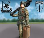  1girl absurdres blonde_hair blue_eyes blurry blurry_background braid camouflage closed_mouth cloud combat_helmet commentary day depth_of_field edward_y_brad english_commentary external_fuel_tank fuel_tank gatling_gun gloves goggles gun helmet highres holding holding_gun holding_weapon long_hair looking_at_viewer m134_minigun machine_gun military military_combat_uniform military_uniform original outdoors single_braid sky solo standing united_states_army weapon 