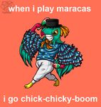  2014 ambiguous_gender anthro clothed clothing english_text feathers green_feathers hat hawlucha humor maracas meme nintendo pok&eacute;mon red_background signature simple_background smile solo teeth text the_mask tigerlilylucky video_games 