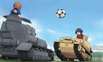  anglerfish ball black_hair brown_hair carro_veloce_cv-33 caterpillar_tracks emblem girls_und_panzer ground_vehicle kakizaki_(chou_neji) military military_uniform military_vehicle motor_vehicle multiple_girls nishizumi_miho ooarai_military_uniform panzerkampfwagen_iv pepperoni_(girls_und_panzer) short_hair soccer_ball tank uniform 