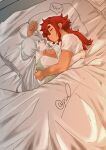  2girls 715piro_gon absurdres ahoge artist_name bed closed_eyes closed_mouth commentary from_above green_tank_top grey_hair gundam gundam_suisei_no_majo highres long_hair looking_at_another miorine_rembran multiple_girls on_bed pillow red_hair shirt sleeping smile speech_bubble spoken_zzz suletta_mercury tank_top thick_eyebrows under_covers white_shirt yuri zzz 