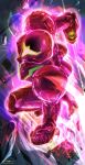  1girl arm_cannon armor artist_name assault_visor clenched_hand commentary_request destruction dread_suit full_armor gameplay_mechanics glowing gravity_suit_(metroid) green_assault_visor helmet highres indoors metroid metroid_dread midair power_armor power_suit_(metroid) purple_aura samus_aran science_fiction shinespark solo twitter_username weapon yasukuni_kazumasa 