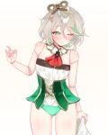  1girl absurdres ascot bad_anatomy bad_hands cecilia_immergreen closed_mouth commentary detached_collar doll_joints english_commentary green_ascot green_eyes grey_hair grey_panties hair_between_eyes highres hololive hololive_english hoshiiii_art joints low_side_ponytail mole mole_under_eye one_eye_closed panties red_ascot shirt short_hair side_ponytail simple_background sleeveless sleeveless_shirt smile underwear undressing virtual_youtuber white_background white_shirt winding_key 