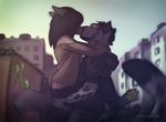 4_toes anthro barefoot beard black_hair canine city clothed clothing day detailed_background dog ear_piercing eyes_closed facial_hair feline fur grey_fur hair kissing koul leopard mammal outside piercing sky spots spotted_fur toes 