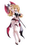  1girl absurdres alternate_costume animal_print arm_behind_head axe bare_shoulders bat_print bikini black_bikini black_sandals black_wings blonde_hair breasts claret_flint commentary_request full_body hair_between_eyes hair_ornament high_heel_sandals high_heels highres holding holding_axe jyn_jyn korean_commentary large_breasts long_hair looking_at_viewer navel open_mouth red_eyes red_nails red_wings sandals simple_background single_thighhigh skindentation solo sphere_hair_ornament standing swimsuit thigh_strap thighhighs twintails two-tone_wings white_background white_thighhighs wings zenless_zone_zero 