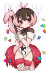  1girl black_bow black_bowtie bow bowtie butter_run commentary diamond-shaped_earrings earrings fishnet_thighhighs fishnets funny_trick fur_scarf highres jewelry magical_girl magician's_wand mahou_shoujo_ikusei_keikaku mahou_shoujo_ikusei_keikaku_limited multicolored_eyes multicolored_hair pink_hair short_hair thighhighs two-tone_hair 