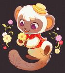  1boy animal_crossing animal_crossing:_new_horizons artist_name blush commentary employee_uniform floral_print floral_print_shirt flower furry furry_male hat highres holding holding_flower looking_at_object mini_hat monkey_boy niko_(animal_crossing) pink_flower print_shirt puffygator purple_eyes red_flower red_shirt shirt solo white_flower yellow_flower 