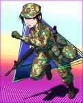  1girl assault_rifle black_hair boots camouflage camouflage_jacket camouflage_pants commentary_request edward_y_brad full_body gloves green_gloves gun hat highres holding holding_gun holding_weapon holster howa_type_89 jacket japan_ground_self-defense_force japan_self-defense_force long_hair long_sleeves looking_at_viewer military military_combat_uniform military_fatigues military_hat military_uniform original pants pouch purple_eyes rifle running solo weapon 