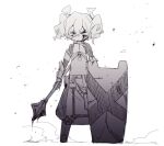  1girl anpolly armor armored_boots blood blood_on_face boots closed_mouth commentary_request fortress_(sekaiju) fortress_2_(sekaiju) greyscale hair_between_eyes hand_on_shield holding holding_mace holding_weapon looking_at_viewer mace monochrome planted_shield puffy_pants sekaiju_no_meikyuu sekaiju_no_meikyuu_4 simple_background smoke solo standing straight-on twintails v-shaped_eyebrows weapon white_background 