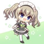  1girl 9-nine- :d aoniku_yaris bare_shoulders black_dress black_shoes blue_eyes blush bow breasts brown_hair chibi chibi_only commentary_request commission detached_collar dress dress_bow drop_shadow eyes_visible_through_hair frilled_dress frilled_sleeves frills full_body green_background green_bow grey_ribbon hair_between_eyes happy highres kujou_miyako large_breasts long_sleeves looking_at_viewer maid maid_headdress neck_ribbon nine_ball_maid_uniform notice_lines off-shoulder_dress off_shoulder official_alternate_costume official_alternate_hairstyle open_mouth pantyhose ribbon shoes short_dress sidelocks simple_background skeb_commission smile solo standing star_(symbol) star_symbol_background twintails two-tone_background white_background white_pantyhose 