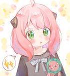  1girl :o ahoge anya_(spy_x_family) black_dress blush bow commentary_request dot_nose dress green_eyes grey_bow hairpods happy_aura holding holding_stuffed_toy kaeh_12 korean_commentary looking_at_viewer medium_hair open_mouth pink_hair raised_eyebrow sidelocks solo speech_bubble spoken_sparkle spy_x_family stuffed_toy surprised upper_body white_background 