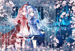  2girls aque_shen_lei arms_at_sides artist_name bad_id bad_pixiv_id blue_background blue_dress blue_eyes bonnet building bunny dress flower gazebo holding holding_stuffed_animal jewelry long_hair looking_at_viewer multiple_girls open_mouth original outdoors pendant pink_hair red_dress red_eyes standing stuffed_animal stuffed_toy watermark white_hair 