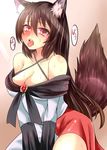  animal_ears breasts brooch brown_hair cleavage collarbone commentary_request dress fang fujimori_tonkatsu highres imaizumi_kagerou jewelry large_breasts long_hair long_sleeves off_shoulder open_mouth red_eyes solo speech_bubble tail touhou translation_request wide_sleeves wolf_ears wolf_tail 