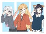  3girls :d :p ;p adjusting_eyewear alternate_costume animal_ear_fluff animal_ears aqua_nails arm_behind_back belt_buckle belt_collar bespectacled black-framed_eyewear black_collar black_hair black_pants black_skirt blonde_hair blue_background blue_eyes blue_sweater_vest blunt_ends bob_cut bright_pupils brown_necktie brown_tail buckle buttons cardigan cho_kaguya-hime! collar collarbone collared_shirt colored_inner_hair commentary cropped_torso dot_nose dress_shirt expressionless extra_ears eyeliner fingernails flat_color floppy_ears forehead fox_ears fox_tail glasses grey_sweater hair_down hand_on_eyewear hand_on_own_chin hand_on_own_hip hand_up hands_on_eyewear hands_up highres kaguya_(cho_kaguya-hime!) kaguya_(tsukuyomi)_(cho_kaguya-hime!) l_hand layered_sleeves leaning_forward light_blush long_hair long_sleeves looking_ahead looking_at_viewer lop_rabbit_ears makeup marucho_(nagamemaru) middle_part multicolored_hair multiple_girls nail_polish necktie one_ear_down one_eye_closed open_mouth orange_cardigan orange_eyes pants parted_lips pleated_skirt purple_nails purple_streaks rabbit_ears rabbit_girl raised_eyebrows red_eyeliner runami_yachiyo sakayori_iroha sakayori_iroha_(tsukuyomi) school_uniform semi-circular_eyewear semi-rimless_eyewear shirt short_eyebrows short_hair short_over_long_sleeves short_sleeves simple_background skirt smile straight_hair streaked_hair stroking_own_chin sweater sweater_vest swept_bangs tail thick_eyebrows tongue tongue_out twitter_username two-tone_hair two-tone_tail under-rim_eyewear untucked_shirt v-neck white_background white_hair white_pupils white_shirt wing_collar 