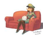  2016 anthro brown_fur brown_hair canine colo cute dog duo female fur hair hat larger_female male mammal misha_(colo) size_difference sleeping smaller_male smile sofa white_fur 