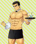  1boy abs black_hair cuffs detached_collar glass gundam male_focus msucle muscle pecs solo topless 