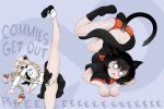  1boy 2girls 8anon 8chan alunya animal_ears animal_print ass attack bandana bandana_around_neck bare_legs black_bandana black_boots black_hair black_necktie black_shirt black_shoes blonde_hair blue_background boots braid cameltoe cat_ears cat_girl cat_tail communism copyright_logo cross duel english_text erika_polina falling frog_print frog_print_panties front-print_panties glasses hair_ornament hammer_and_sickle high_kick infinity_symbol iron_cross kicked kicking leftypol logo long_hair mary_janes miniskirt multiple_girls necktie no_pants o_o panties parted_hair pepe_the_frog pince-nez pleated_skirt politics print_panties red_bandana red_panties shirt shoes shouting skirt socks surprised tail third-party_source twin_braids two-tone_background two-tone_bandana underwear upside-down upskirt white_panties white_shirt white_socks 