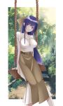  1girl absurdres ahoge bow breasts brown_bow brown_skirt chinese_commentary closed_mouth commentary_request dress forest hair_bow highres honkai_(series) honkai_impact_3rd jewelry large_breasts long_hair looking_at_viewer nature necklace on_seesaw purple_eyes purple_hair raiden_mei seesaw sitting skirt smile solo unique-blueberry white_dress 