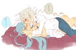  1boy 1girl aqua_(fire_emblem_if) artist_request bed blue_hair blush breasts fire_emblem fire_emblem_if flat_color kamui_(fire_emblem) nintendo pointy_ears white_background white_hair 