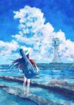  1girl alt_text aqua_ribbon barefoot blue_hair blue_shorts blue_sky cardigan cloud cloudy_sky commentary_request day facing_away floating_hair from_behind full_body guitar_case hat hat_ribbon highres horizon instrument_case kumagai_nono lighthouse long_hair long_sleeves ocean off_shoulder open_cardigan open_clothes original outdoors outstretched_arms red_cardigan ribbon scenery shore short_shorts shorts sky solo spread_arms standing straight_hair summer very_long_hair water white_hat 