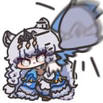  1girl :< animal_ear_fluff animal_ears arknights bell blurry blurry_foreground braid chibi chibi_only closed_mouth commentary_request full_body grey_eyes grey_hair korean_commentary long_hair looking_at_viewer oldstore pramanix_(arknights) pramanix_the_prerita_(arknights) simple_background snow_leopard_ears snow_leopard_girl solo tiara twin_braids very_long_hair 