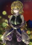  1girl arm_warmers black_shirt black_skirt blonde_hair blurry breasts commentary_request depth_of_field gonglijeongli green_eyes highres lens_flare medium_breasts medium_hair mizuhashi_parsee pointy_ears scarf shirt skirt sleeveless sleeveless_shirt solo touhou twitter_username white_arm_warmers white_scarf 