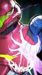  1girl armor assault_visor black_background blue_armor copyright_name english_commentary glowing_arm green_assault_visor green_background helmet highres metroid metroid_ravenous multicolored_armor normal_suit_(metroid) official_alternate_costume out_of_frame power_armor power_suit_(metroid) ravenous_suit red_armor red_helmet samus_aran science_fiction sheep_shin simple_background solo two-tone_background white_armor 