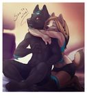  4_toes 5_fingers anthro armpits black_fur blonde_hair blue_hair canine clothed clothing duo english_text eyes_closed female fur grey_nose hair hug inside kneeling koul male mammal midriff polaroid sitting smile smileeeeeee text toes topless wolf 