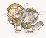  2boys ahoge akademiya_uniform alhaitham_(genshin_impact) animal_ears beret blonde_hair book chibi chibi_only commentary full_body genshin_impact green_eyes green_hat hair_over_one_eye hat holding holding_book kaveh_(genshin_impact) multiple_boys open_mouth red_eyes samesima_444 simple_background snow_leopard_boy snow_leopard_ears snow_leopard_tail sparkle speech_bubble tail untranslatable_commentary white_background 
