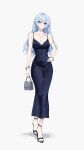  1girl absurdres alternate_costume alternate_hair_length_(longer) alternate_hairstyle bag bare_shoulders blue_dress blue_hair blue_nails breasts cleavage closed_mouth cocktail_dress commentary dress english_commentary feint721 full_body genshin_impact grey_bag hair_down hand_on_own_hip handbag highres holding holding_bag long_hair looking_at_viewer medium_breasts nail_polish odette_(genshin_impact) purple_eyes sandals simple_background sleeveless sleeveless_dress solo spaghetti_strap standing toenail_polish toenails white_background 