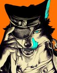  1boy animal_ears batooo_j black_fur blue_eyes blue_tongue chain colored_tongue commentary furrification furry furry_male hat highres jojo_no_kimyou_na_bouken kujo_jotaro licking_lips limited_palette male_focus open_mouth orange_background peaked_cap school_uniform solo stardust_crusaders teeth tongue tongue_out untranslatable_commentary wolf_boy wolf_ears 