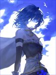  1girl absurdres armor bird blue_border blue_hair blue_skirt blue_sky blue_sleeves blue_theme border breastplate breasts cape censored censored_identity chinese_commentary cloud cloudy_sky collared_cape commentary_request day detached_sleeves floating_cape floating_hair frilled_shirt frills gloves highres long_sleeves magical_girl mahou_shoujo_madoka_magica mahou_shoujo_madoka_magica_(anime) miki_sayaka miki_sayaka_(magical_girl) outdoors pleated_skirt rectangle shirt short_hair skirt sky small_breasts solo strapless strapless_shirt suanxiangguabinatie surreal upper_body white_cape white_gloves white_shirt 