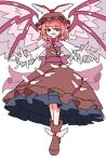  1girl animal_ears back_bow bird_ears bird_wings boots bow bowtie brown_boots brown_dress brown_hat commentary_request dress e.o. full_body hat highres long_sleeves medium_hair mystia_lorelei pinafore_dress pink_hair pointy_ears purple_bow purple_bowtie red_eyes shirt simple_background sleeveless sleeveless_dress solo touhou white_background white_boots white_shirt winged_hat wings 