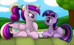  2016 book cloud conscious-aberration cutie_mark duo equine eye_contact feathered_wings feathers female feral friendship_is_magic fur grass hair horn mammal multicolored_hair my_little_pony outside pink_feathers pink_fur princess_cadance_(mlp) purple_eyes purple_fur sky tree twilight_sparkle_(mlp) unicorn winged_unicorn wings young 