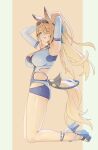  1girl absurdres animal_ears arms_behind_head arms_up bare_shoulders blonde_hair blue_eyes blue_one-piece_swimsuit breasts from_side full_body goggles goggles_on_head hair_over_one_eye high_heel_sandals high_heels highres horse_ears horse_girl horse_tail kneeling large_breasts long_hair looking_at_viewer neptune_illust official_alternate_costume one-piece_swimsuit orange_background ponytail sandals sigrid_de_l'azur sigrid_de_l'azur_(majestic_wavechaser) solo swim_goggles swimsuit tail two-tone_one-piece_swimsuit white_one-piece_swimsuit zenless_zone_zero 