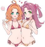  2girls :d ahoge akechi_anna beret bikini bow breasts closed_mouth commentary_request green_eyes hair_intakes hair_ribbon hat highres kobayashi_mikuru long_hair looking_at_viewer medium_hair meitantei_precure! mel_(melty_pot) micro_bikini multiple_girls navel orange_bikini orange_hair precure red_bow red_hair red_hat red_ribbon ribbon small_breasts smile swimsuit two_side_up w 