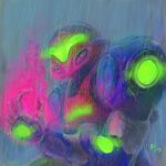  1girl absurdres armor assault_visor bfoxart blue_armor commentary english_commentary glowing glowing_hand green_assault_visor helmet highres metroid metroid_ravenous multicolored_armor newgrounds_username normal_suit_(metroid) official_alternate_costume painterly power_armor power_suit_(metroid) rain ravenous_suit red_armor red_helmet samus_aran science_fiction solo upper_body white_armor 